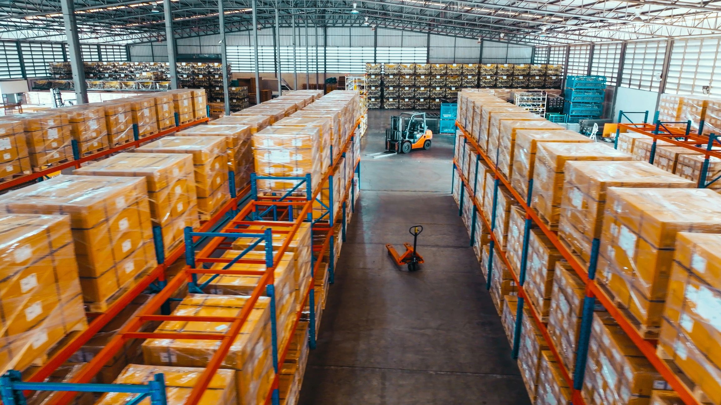 Warehouse shelves representing agricultural trade logistics